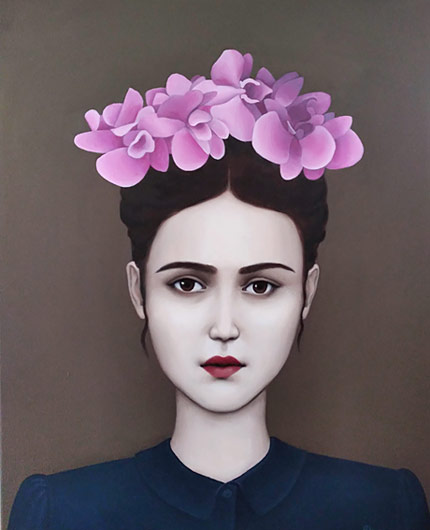 Amanda Johnson portrait art, Orchids in her hair, oil on canvas